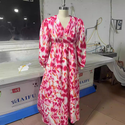 Women's V-neck Pleated Chiffon Printed Dress