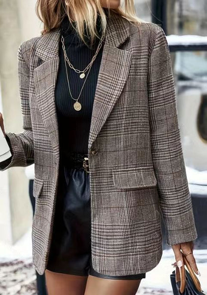Women's Suit Jacket Plaid Printed Lapel Single Button Long Blazer Elegant Vintage Clothing