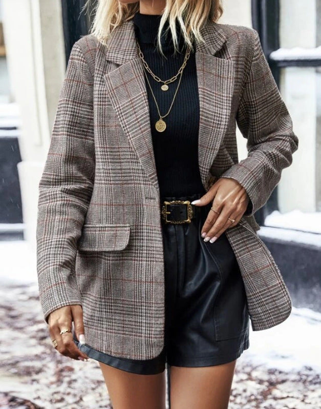Women's Suit Jacket Plaid Printed Lapel Single Button Long Blazer Elegant Vintage Clothing