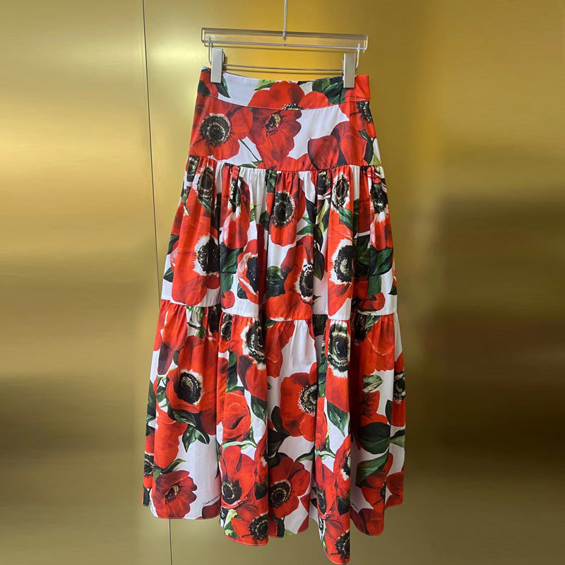 Red On White Flower Print Short Sleeve Pullover Top Long Skirt