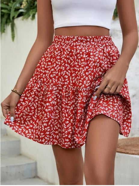 A- Line Short High Waist Floral Frill Hem Skirt