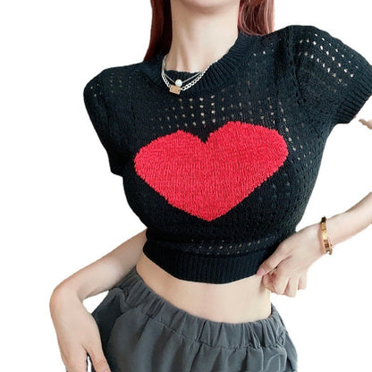 Women's Summer Round Neck Printed Hollow-out Knitted Short-sleeved T-shirt