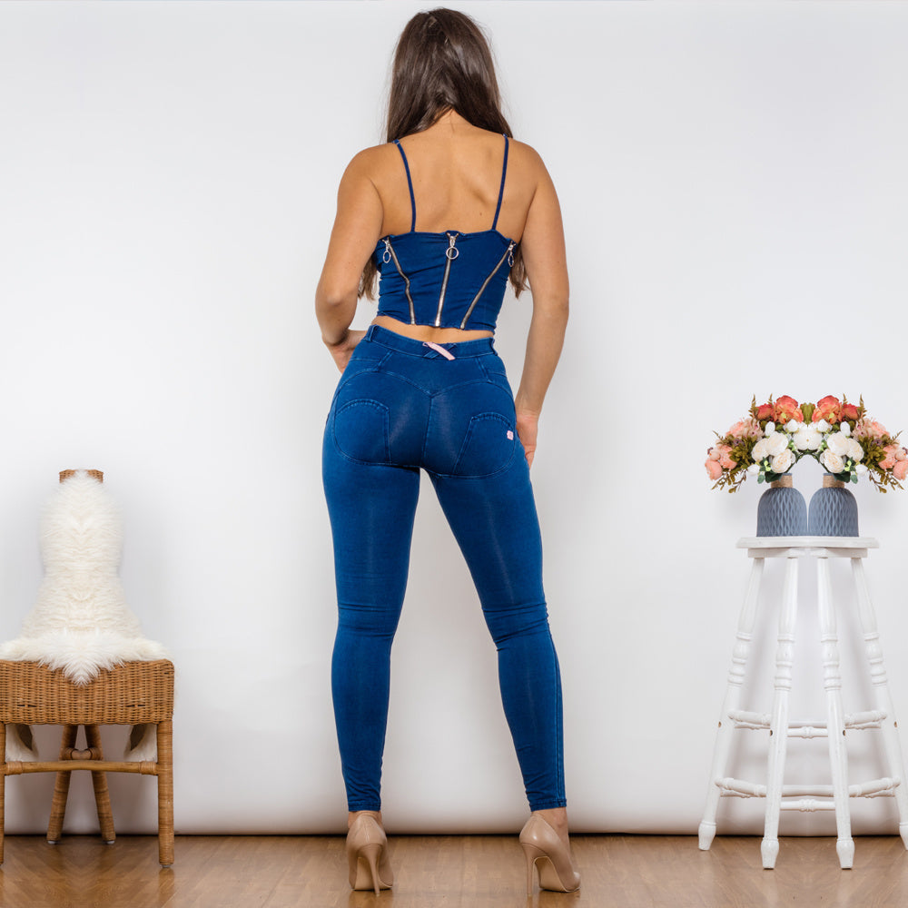 Shascullfites Bodysuit Dark Blue Denim Zipper Body Shaper Middle Waist Butt Lift Jeans Set Of Two Fashion Pieces For Women