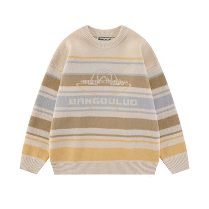 Street Striped Letter Patterned Jacquard Round Neck Knitted Sweater