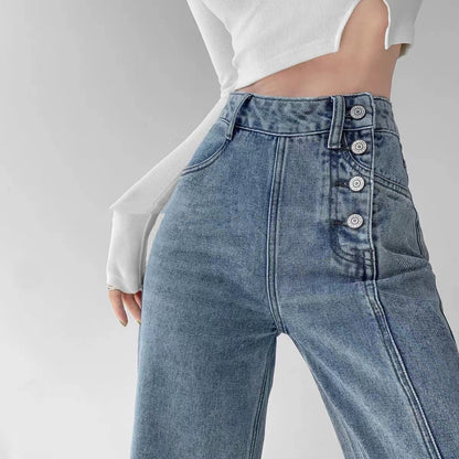 Irregular Breasted High Waist Jeans For Women Straight-leg Trousers
