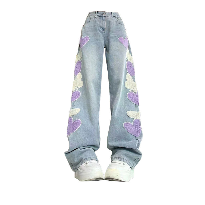 Vintage Butterfly Paste Cloth Embroidery Jeans Straight-leg Wide-leg Pants