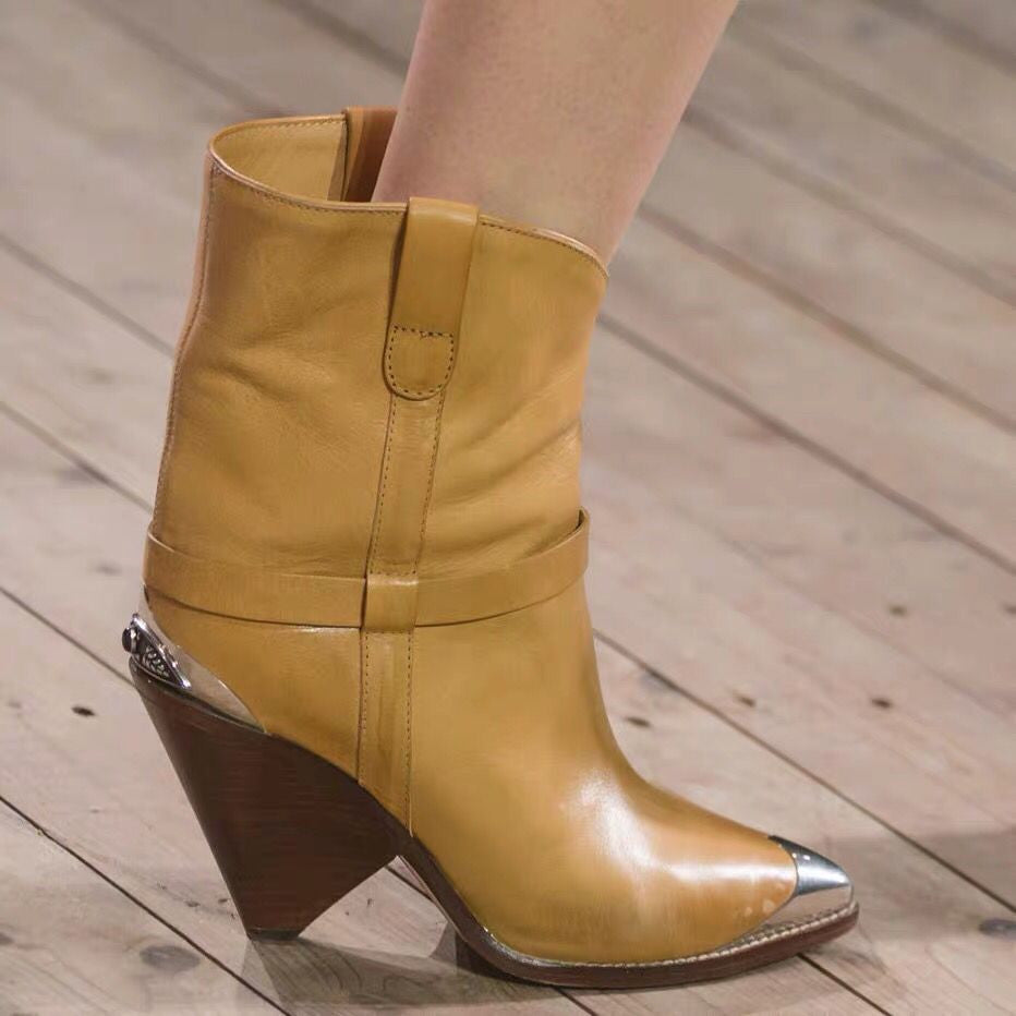 Women's New Fashion Metal Pointed Toe Tapered High Heel Ankle Boots