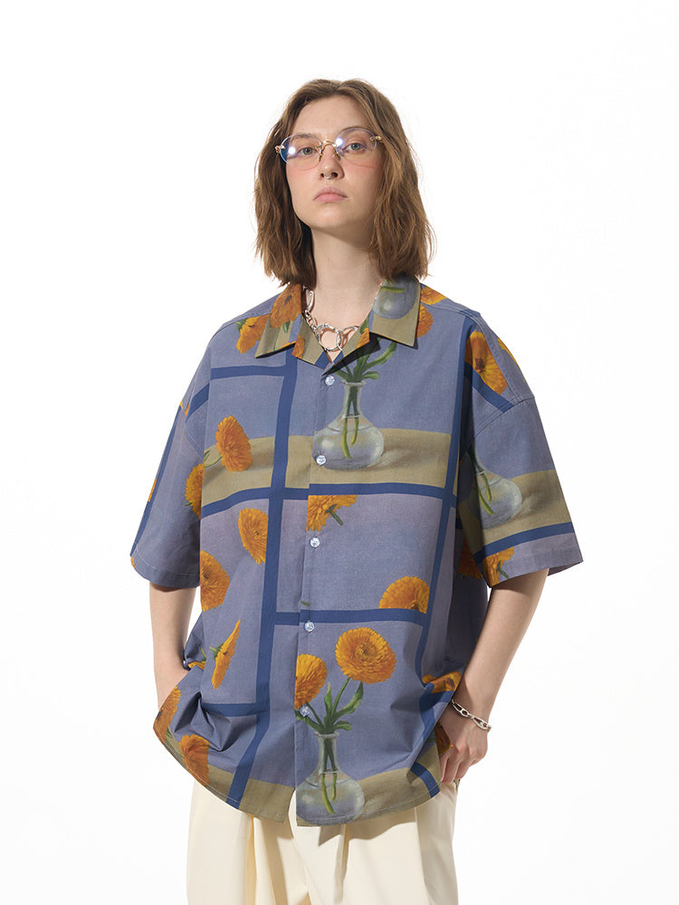 قميص كاجوال فضفاض بطبعة زهور وأكمام قصيرة ومتعدد الاستخدامات