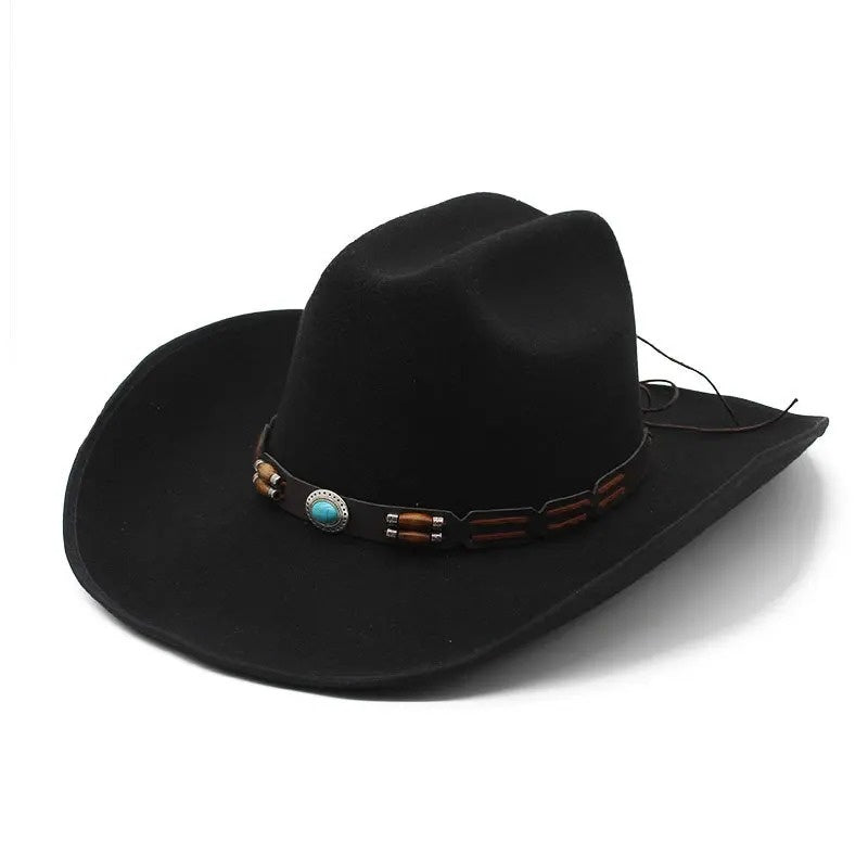 قبعة صوفية، حزام فيروزي، دنيم غربي