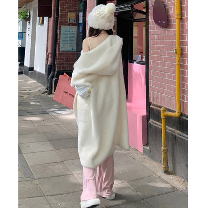 Hooded Fur Cardigan Coat Women's Spring Clothes, Thick Gentle Long Knitted Coat Handmade Clothing Hand Knit Outfit Of The Day