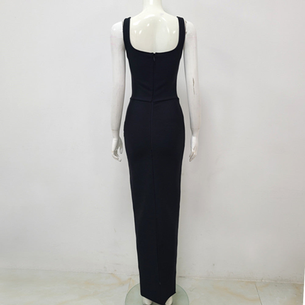 Black Sleeveless U-neck Rhinestone Elegant Slim Bandage DressEvening Dress
