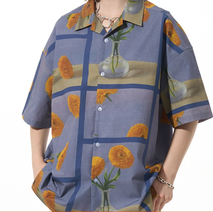 Casual Loose Floral Print Versatile Trend Short Sleeve Shirt