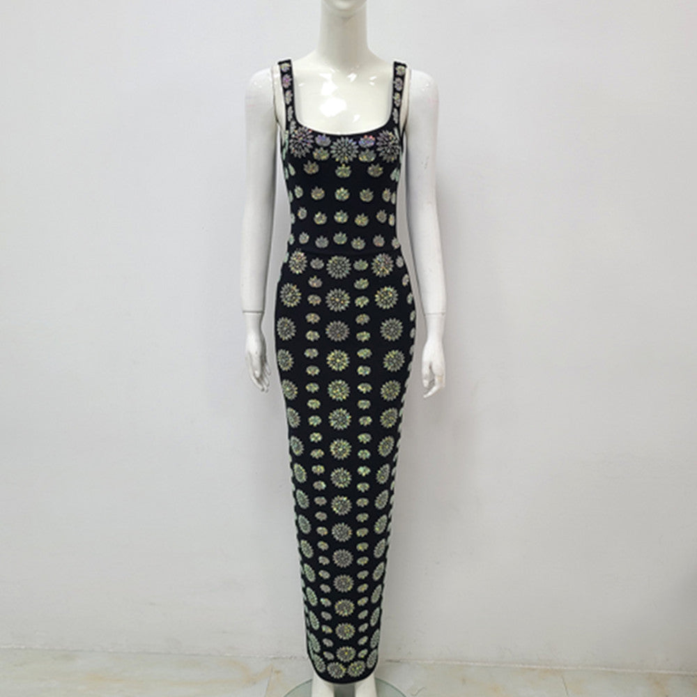 Black Sleeveless U-neck Rhinestone Elegant Slim Bandage DressEvening Dress