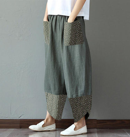 Quilted Cotton And Linen Wide Leg Trousers Loose Women's Dress