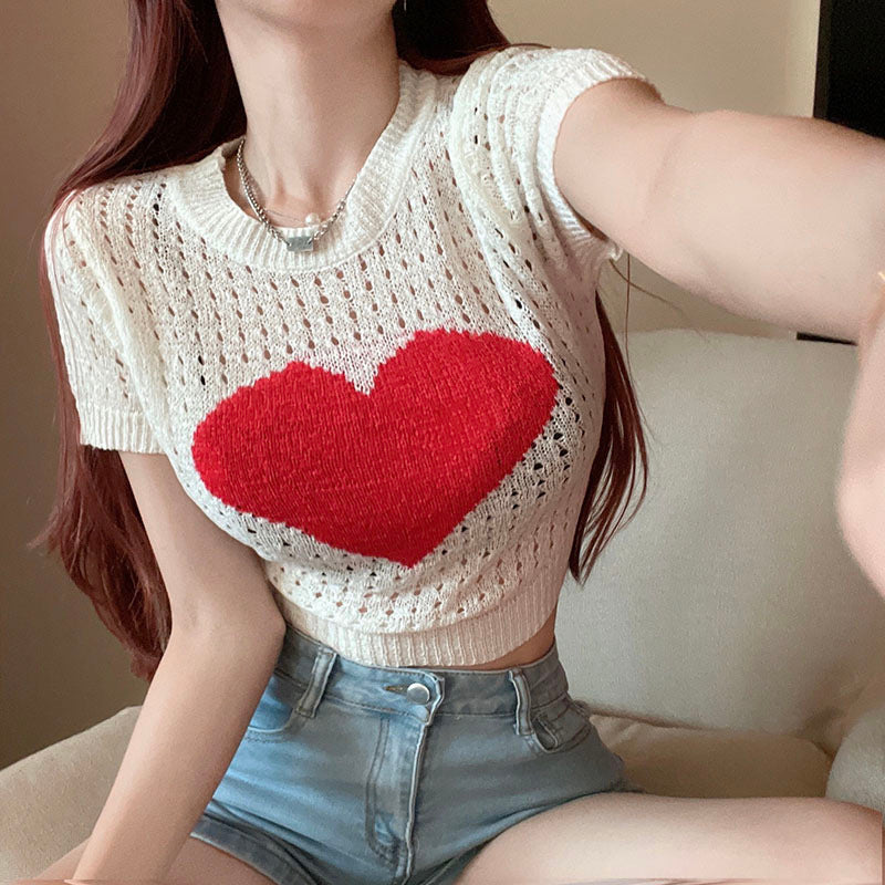 Women's Summer Round Neck Printed Hollow-out Knitted Short-sleeved T-shirt