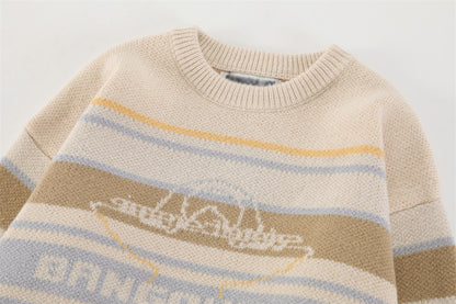 Street Striped Letter Patterned Jacquard Round Neck Knitted Sweater