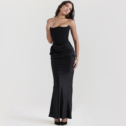 Fishbone Bandeau Slim-fit Backless Autumn And Winter Velvet Dress Black Evening Gown