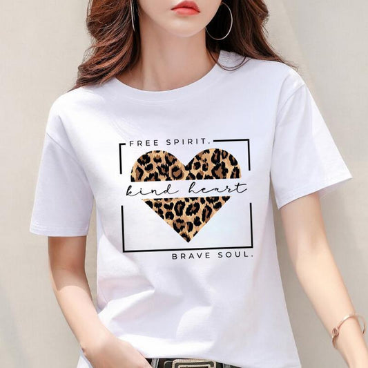 Modal Fabric Women's Leopard Print Heart Printing New Short Sleeve