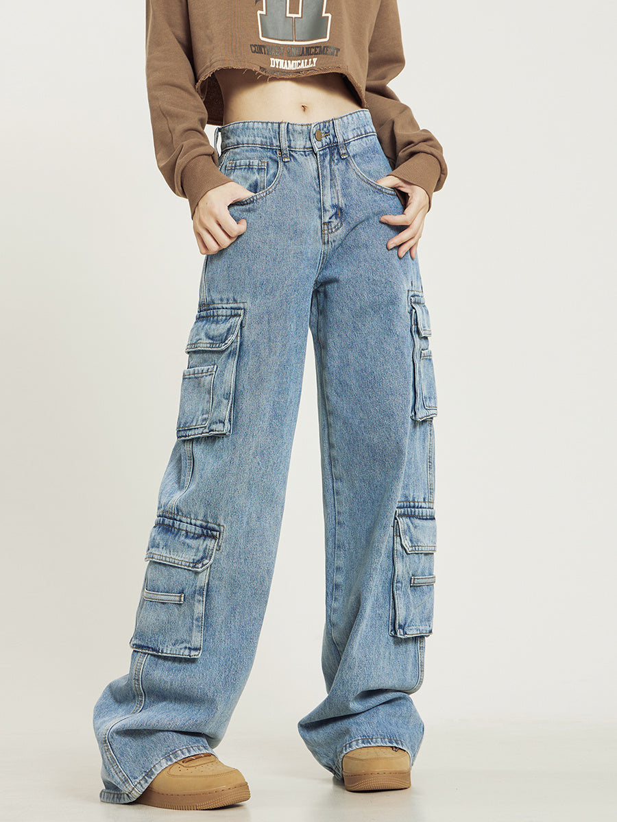 Retro Washed Multi-pocket Jeans Women's Overalls Straight Casual Pants