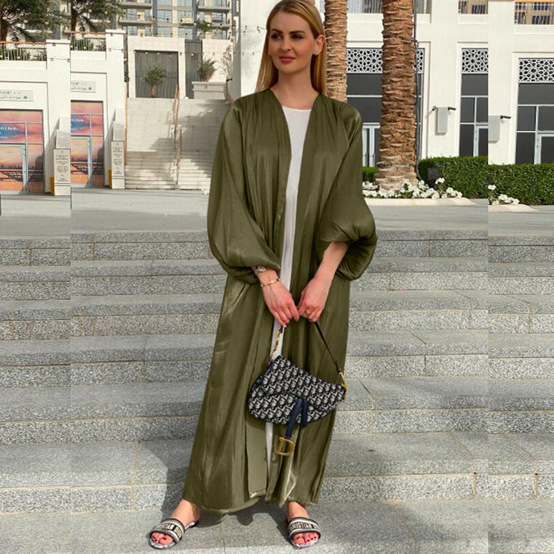 Eid Muslim Abaya Dress Kimono For Women Fashion Shining Silklike Summer Abayas Cardigan Puff Sleeve Dubai Turkey Clothes
