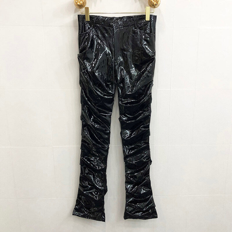 Mirror Fit Pleated Flare Leather Pants For Men And Women