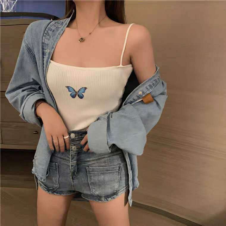 Knitted Sling Vest Women's Outer Wear Bottoming Shirt Short Butterfly Print Top