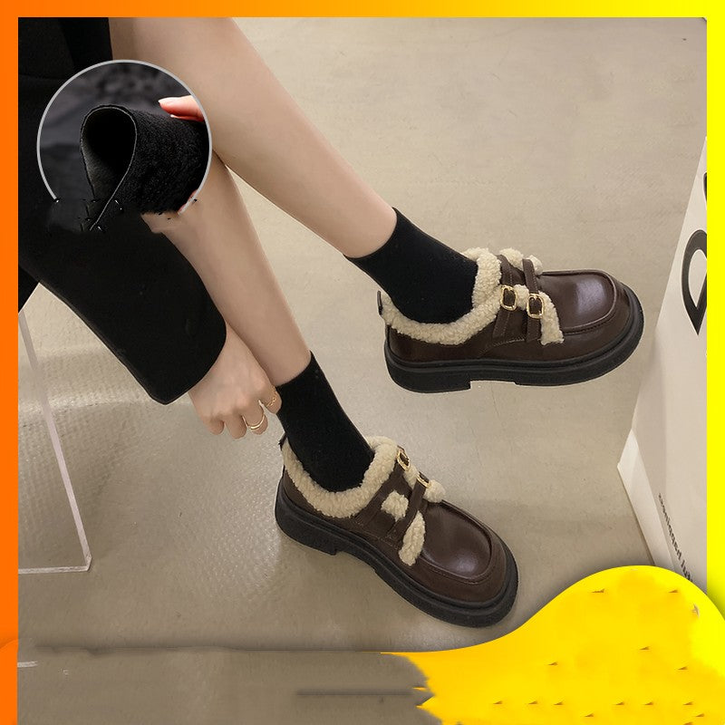 New Fashionable And Versatile Cotton Shoes Thick Bottom British Wind Non-slip Padded Small Leather Shoes